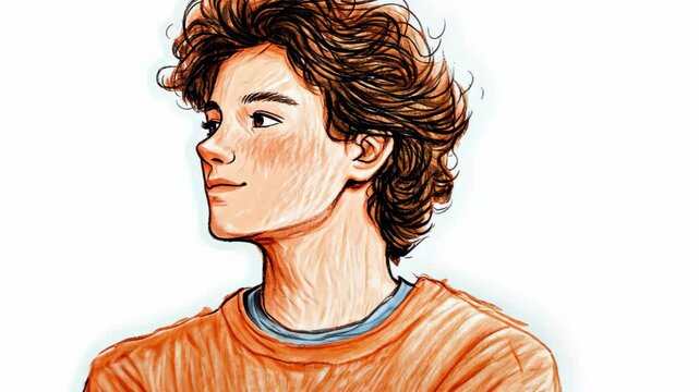 Line Art of a Nonbinary Teen with Curly Hair in Orange Sweater Looking to Side on White Background, Youthful Expression, Contemporary Style, Confidence and Diversity