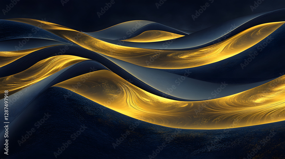 Poster computer screen displaying a vibrant yellow wave pattern on a dark background
