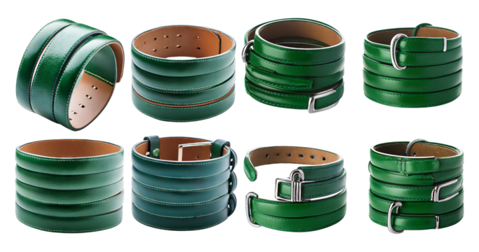 Various Styles of Green Leather Straps and Belts for Fashion Accessory, isolated on transparent background