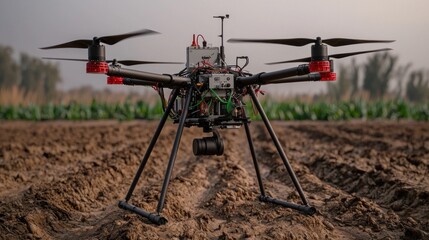 A drone equipped with sensors hovering over a field, monitoring crop health at sunset