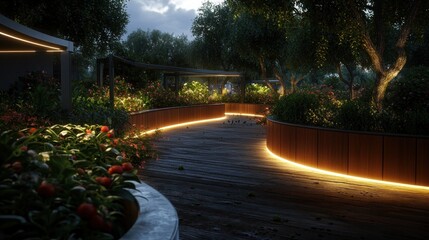 Obraz premium Serene garden pathway illuminated by soft lights, surrounded by lush greenery and vibrant flowers
