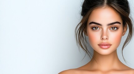 Fototapeta premium Breathtaking headshot of a female model with perfect skin texture, wheat-colored complexion, dark brown eyebrows, and delicate soft pink lips. The backlight highlights her cheekbones and jawline, 
