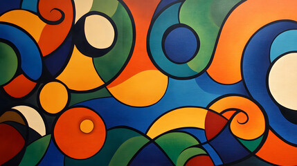 Colorful abstract pattern painting with vibrant shapes and fluid designs in various hues and tones