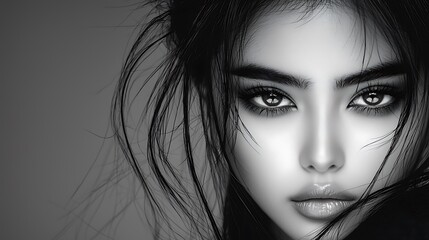 Cinematic black and white close-up of an Asian individual, expressive eyes with intense eye makeup, intricate skin texture, soft diffused lighting, moody and elegant atmosphere, professional 