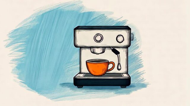 Retro Hand Drawn Illustration of Coffee Machine with Cup in Vintage Style for Kitchen Decor and Cafe Branding