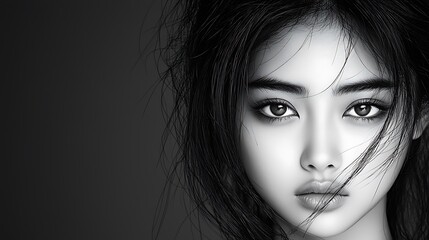 Dramatic black and white portrait of an Asian person, intense stare, intricate eye makeup, textured skin, delicate highlights, deep shadows, modern studio lighting, soft yet striking composition, 