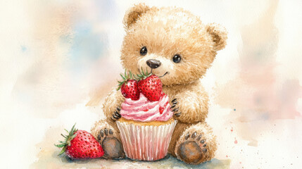 Obraz premium An adorable baby bear holding a cupcake with strawberries, watercolor painting, light pastel hues