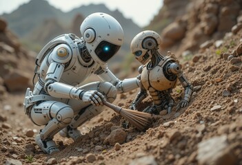 Robots exploring a desolate landscape while digging in the dirt