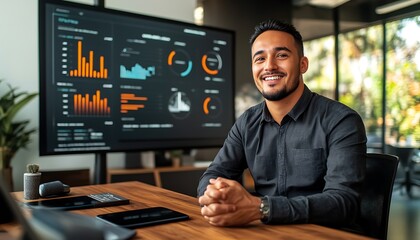 Businessman smiling at office display