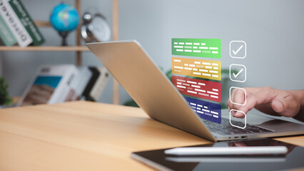 Audit business concept, Checklist and filling survey form online, Compliance with internal...