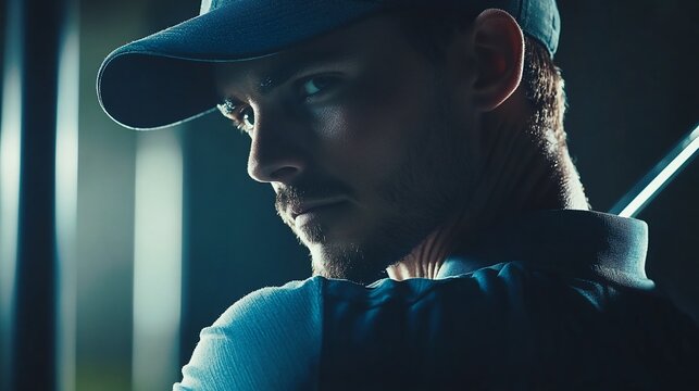 Focused golfer looking over shoulder, holding golf club.