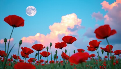 Obraz premium A beautiful field of red tulips and poppies under a blue sky