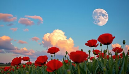 Fototapeta premium Red poppies sway in a vibrant field under a bright moonlit sky with fluffy clouds at dusk