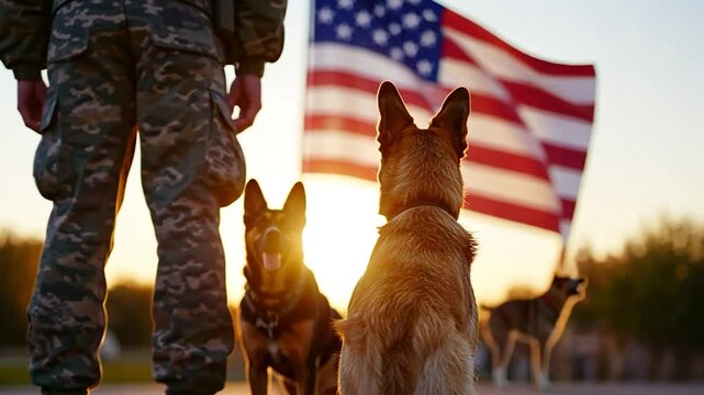 Military dog handlers and canines, outdoor ceremony, American flag backdrop, sunset light