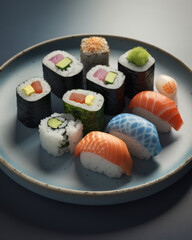 A variety of sushi is shown on a blue plate. It includes rolls, salmon nigiri, and other traditional pieces.