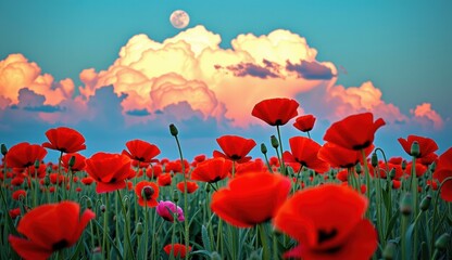 Obraz premium Red poppies sway in a vibrant field under a bright moonlit sky with fluffy clouds at dusk