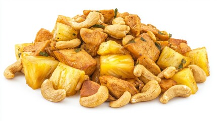 Stir-fried chicken pieces, cashew nuts, and sweet pineapple chunks, isolated on a white background --chaos 20 --ar 16:9 --quality 2 --v 6.1 Job ID: 9cff9d1e-c26f-425e-aff0-97bc41be347e