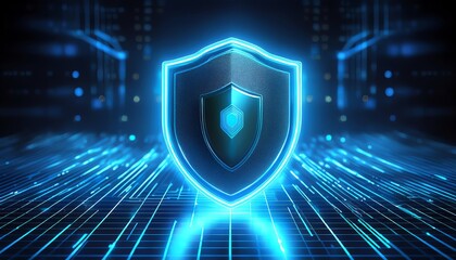A futuristic digital shield represents cybersecurity, glowing in blue against a matrix-like background, symbolizing protection and technology.