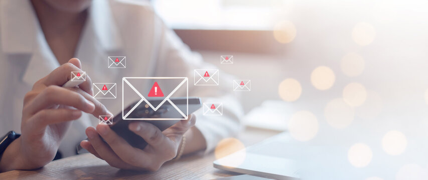 Spam SMS fake phishing message from scammer concept. Red alert hack system, email hack.