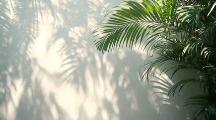 Fototapeta premium Close up of a tropical tree's shadow against a white background with dappled sunlight playing across the surface