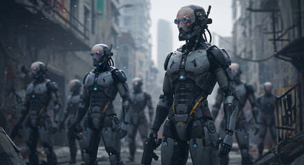 Naklejka premium Cybernetic troops of tactical combat humanoid robots, preparing for urban warfare operations, background wallpaper.