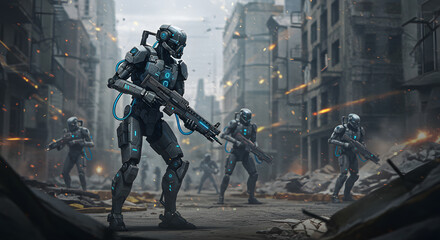 Fototapeta premium Cybernetic troops of tactical combat humanoid robots, preparing for urban warfare operations, background wallpaper.