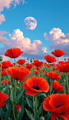 Obraz premium A beautiful field of red tulips and poppies under a blue sky