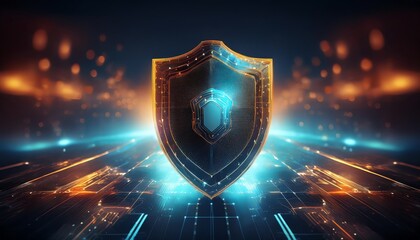 A vibrant digital shield representing cybersecurity, illuminated by glowing lights, symbolizing protection and defense in the digital realm.