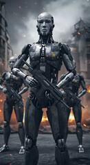 Naklejka premium Cybernetic troops of tactical combat humanoid robots, preparing for urban warfare operations, background wallpaper.