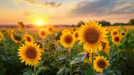 Fototapeta premium A stunning sunflower field bathed in the warm glow of the setting sun. The golden petals contrast beautifully