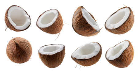 Fresh Coconut Halves and Whole Coconuts Isolated on White Background, isolated on transparent background