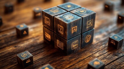 Obraz premium Close up shot of a cube symbolizing program increase and client growth placed on a wooden background with icons representing conversion and sale