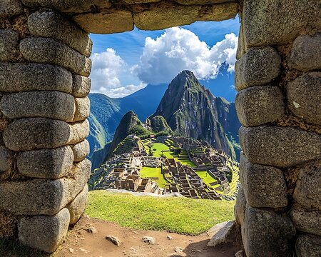 A unique perspective of Machu Picchu framed through an ancient stone doorway, creating depth and highlighting the architectural mastery of the Incas