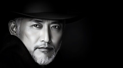 Fototapeta premium Striking black and white artistic portrait of an Asian individual, fine art details, intense and expressive eyes, soft contrast with deep shadows, minimalistic yet powerful composition, high-definitio