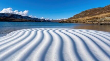 Fototapeta premium Life Stages style. Serene shoreline with rippled sand and clear blue water under a bright sky.