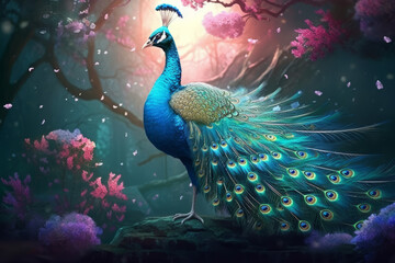 Fototapeta premium A peacock is posed in a dark, misty forest scene with blue and green tones. 
