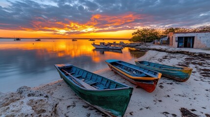 Colorful Fishing Boats at Sunset by Tranquil Beach with Vibrant Sky Reflection in Water