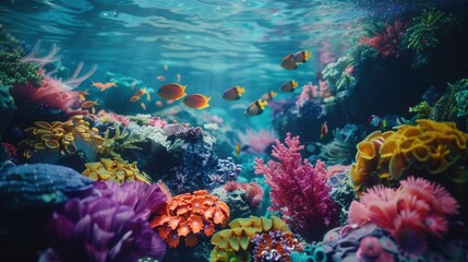 Fototapeta premium A mesmerizing underwater scene showcasing a thriving coral reef teeming with colorful fish