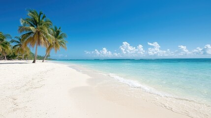 Tropical beach, palm trees, turquoise water, sunny sky, vacation