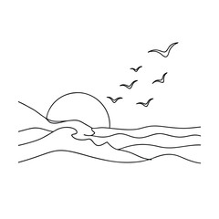 Sunset Seascape Minimalist Line Art Ocean Birdscape Drawing