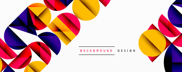 Abstract geometric background with layered gradient shapes forming dynamic patterns. Overlapping semi circles and triangles create depth and contrast