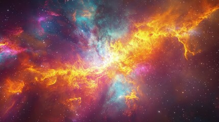 A radiant energy surge ignites a nebula, forming a breathtaking interstellar storm of neon colors