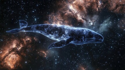 A celestial whale made of nebula gas glides through space, its glowing body trailing interstellar dust