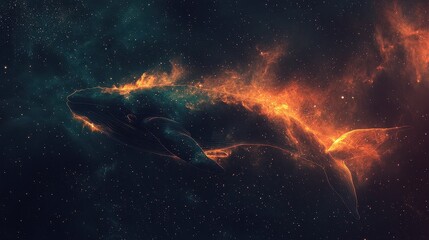 A celestial whale made of nebula gas glides through space, its glowing body trailing interstellar dust