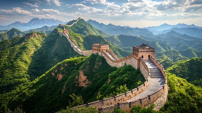 A high-resolution panoramic view of the Great Wall of China stretching over mountainous terrain, with clear blue skies and rugged landscapes in the background