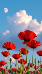 Obraz premium Red poppies sway in a vibrant field under a bright moonlit sky with fluffy clouds at dusk