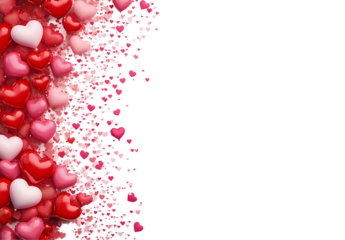 Romantic Heart Background with Falling Red and Pink Hearts Isolated on White and Transparent Background