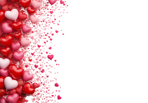 Romantic Heart Background with Falling Red and Pink Hearts Isolated on White and Transparent Background