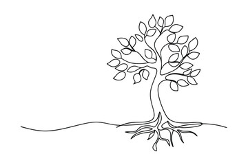 Single Line Drawing of a Tree with Roots and Leaves