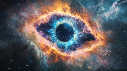 A hyper-detailed cosmic eye emerges from a nebula, its glowing iris reflecting the secrets of the universe